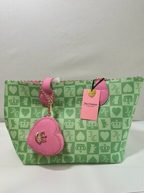 Juicy Couture Sweet Break Time Tote Green Retro Print + Wristlet NWT Set